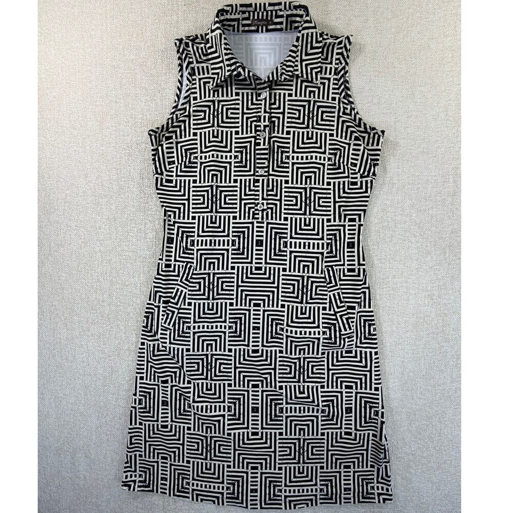 J. McLaughlin Women M Black White Geometric Minimalist Knee Length Pocket Dress
